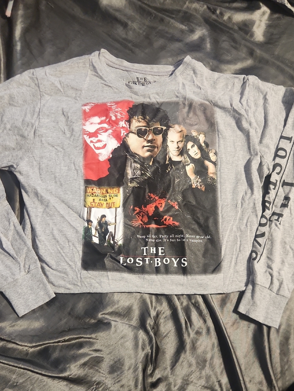 The Lost Boys Graphic Long Sleeve Crop Top - Gray